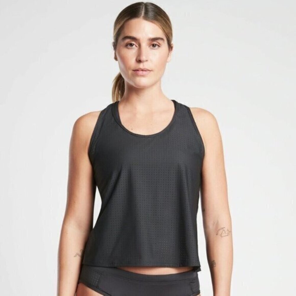 Athleta 'Cross Train Tankini' Perforated Swim Top in Black Size Small